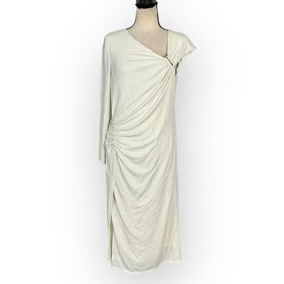 Maggy London Sheath Midi Dress Women's 12 Ivory Glitter Asymmetric Neck Slit - Picture 3 of 8